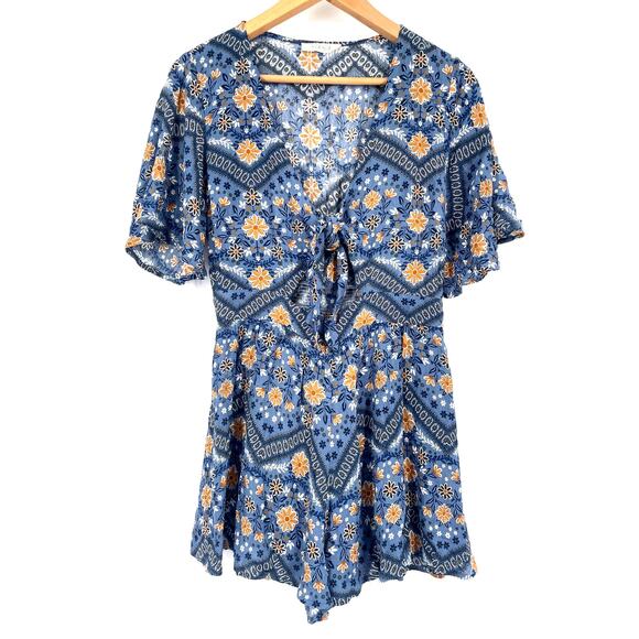 ILLA ILLA NWT Boho Tie-Front Floral Cutout Romper Blue/Yellow/White Size L - Picture 2 of 8